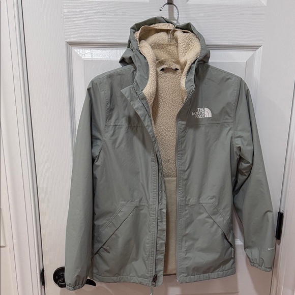 The North Face Kids Light Gray/Sage Green Fleece-Lined Rain Jacket Sz L